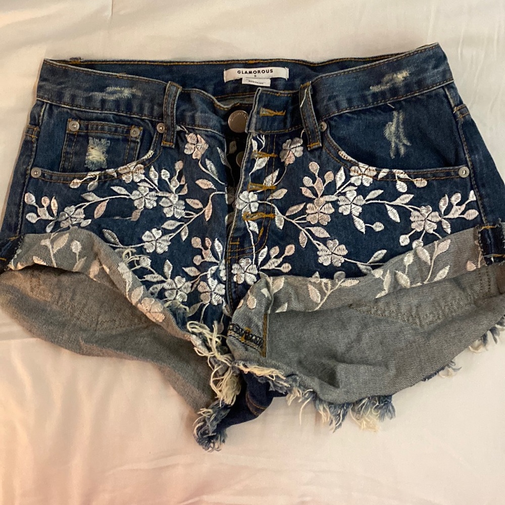 Glamorous White Floral Embroidered Denim Shorts